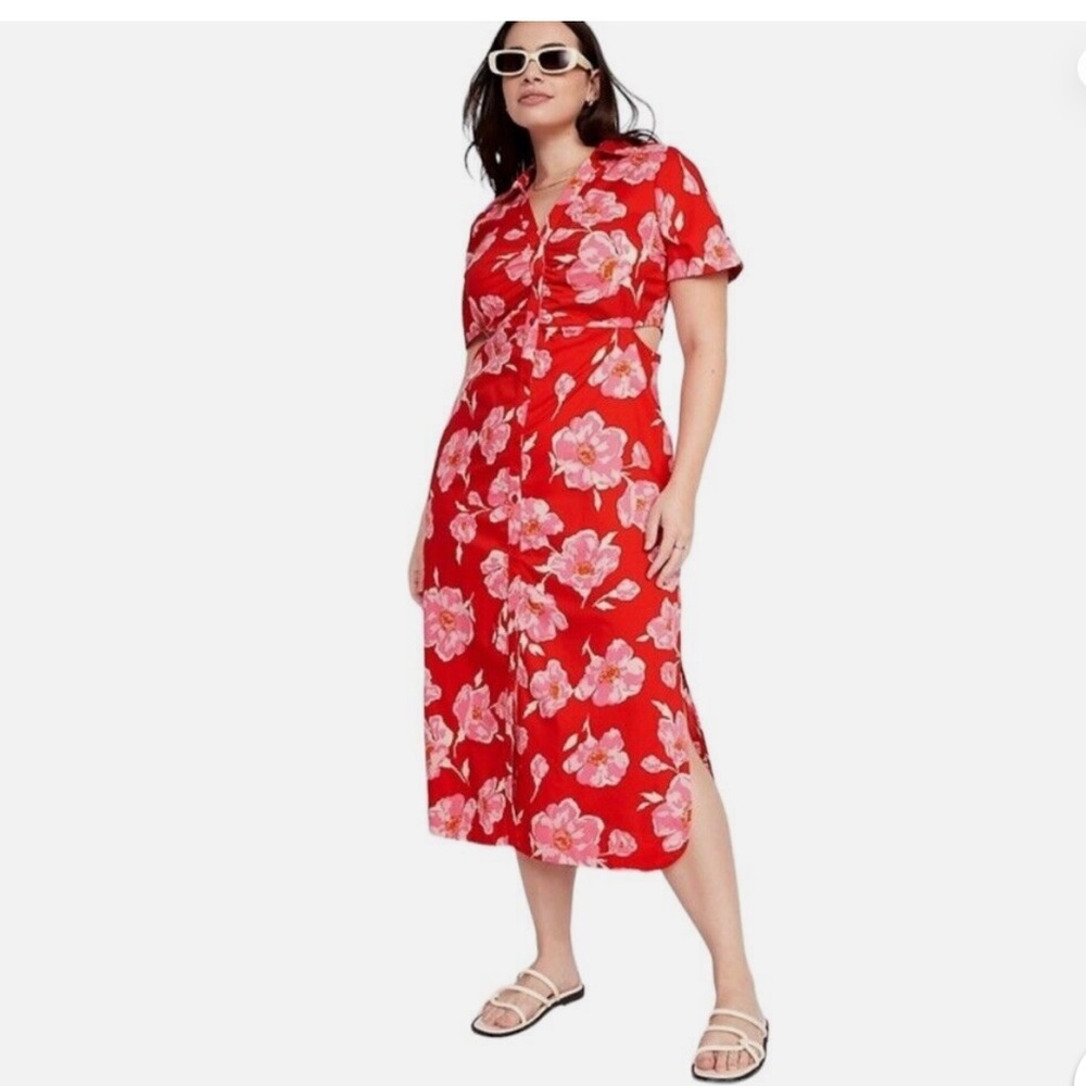 Old Navy Cutout Midi Shirt Dress Red Floral Short Sleeve Button Collar size XL